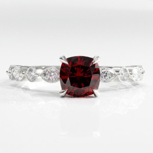 Cushion Cut Lab Grown Ruby Hidden Halo Side Stone Engagement Ring