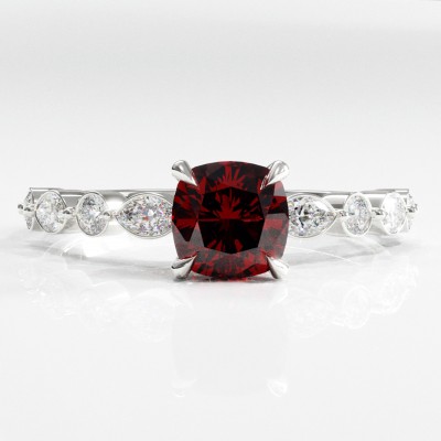 Cushion Cut Lab Grown Ruby Hidden Halo Side Stone Engagement Ring