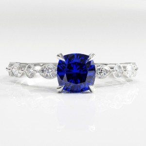 Cushion Cut Lab Grown Sapphire Hidden Halo Side Stone  Engagement Ring