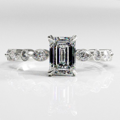 Emerald Cut Moissanite Hidden Halo Side Stone Engagement Ring