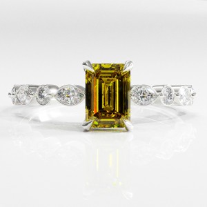 Emerald Cut Moissanite Hidden Halo Side Stone Engagement Ring