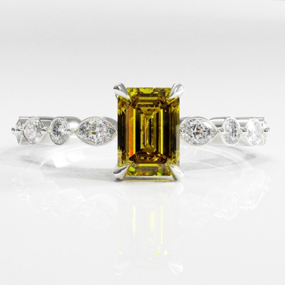 Emerald Cut Moissanite Hidden Halo Side Stone Engagement Ring