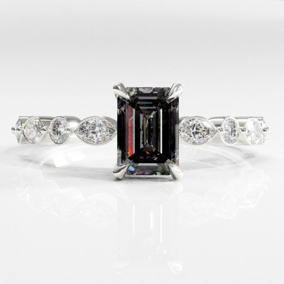 Emerald Cut Moissanite Hidden Halo Side Stone Engagement Ring