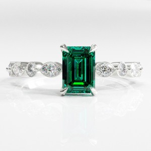 Emerald Cut Lab Grown Emerald Hidden Halo Side Stone Engagement Ring