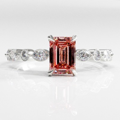 Emerald Cut Lab Grown Morganite Hidden Halo Side Stone Engagement Ring