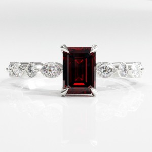 Emerald Cut Lab Grown Ruby Hidden Halo Side Stone Engagement Ring