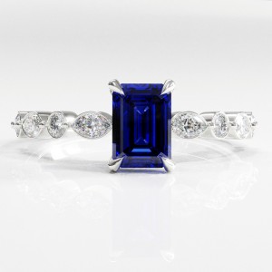 Emerald Cut Lab Grown Sapphire Hidden Halo Side Stone Engagement Ring