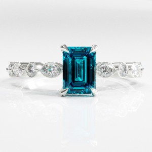 Emerald Cut Natural Topaz Hidden Halo Side Stone Engagement Ring