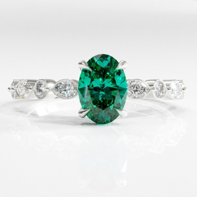 Oval Cut Lab Grown Emerald Hidden Halo Side Stone Engagement Ring