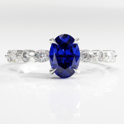 Oval Cut Lab Grown Sapphire Hidden Halo Side Stone Engagement Ring