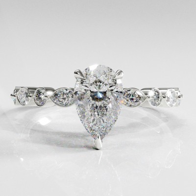 Pear Cut Moissanite Hidden Halo Side Stone Engagement Ring