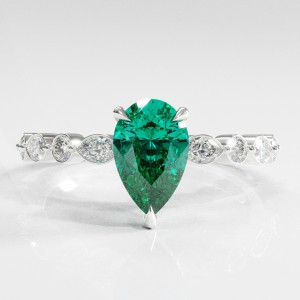 Pear Cut Lab Grown Emerald Hidden Halo Side Stone Engagement Ring