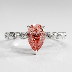 Pear Cut Lab Grown Morganite Hidden Halo Side Stone Engagement Ring