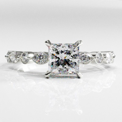 Princess Cut Moissanite Hidden Halo Side Stone Engagement Ring