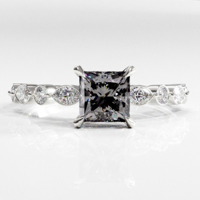 Princess Cut Moissanite Hidden Halo Side Stone Engagement Ring