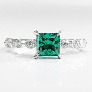 Princess Cut Lab Grown Emerald Hidden Halo Side Stone Engagement Ring