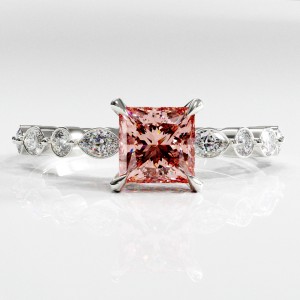 Princess Cut Lab Grown Morganite Hidden Halo Side Stone Engagement Ring