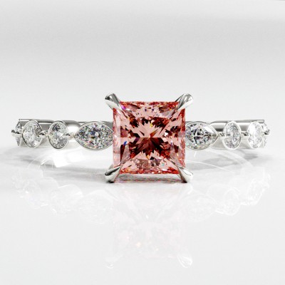 Princess Cut Lab Grown Morganite Hidden Halo Side Stone Engagement Ring