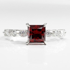 Princess Cut Lab Grown Ruby Hidden Halo Side Stone Engagement Ring