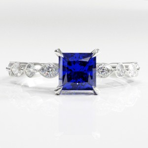 Princess Cut Lab Grown Sapphire Hidden Halo Side Stone Engagement Ring