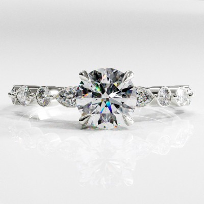 Round Cut Moissanite Hidden Halo Side Stone Engagement Ring