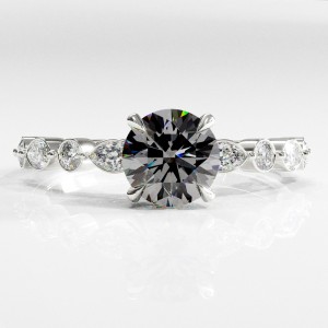 Round Cut Moissanite Hidden Halo Side Stone Engagement Ring