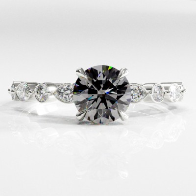 Round Cut Moissanite Hidden Halo Side Stone Engagement Ring