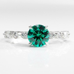 Round Cut Lab Grown Emerald Hidden Halo Side Stone Engagement Ring