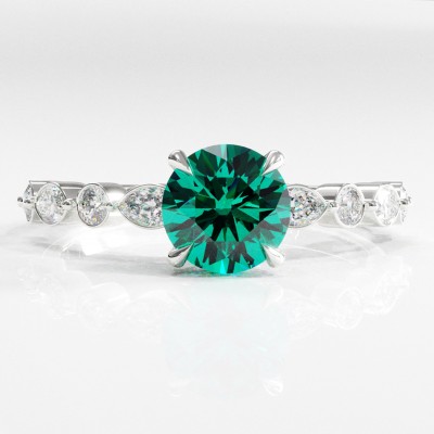 Round Cut Lab Grown Emerald Hidden Halo Side Stone Engagement Ring