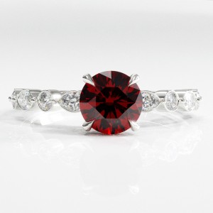 Round Cut Lab Grown Ruby Hidden Halo Side Stone Engagement Ring