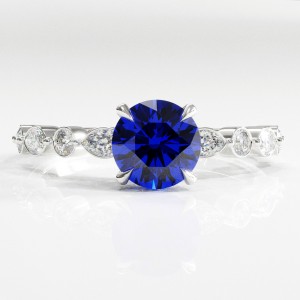 Round Cut Lab Grown Sapphire Hidden Halo Side Stone Engagement Ring