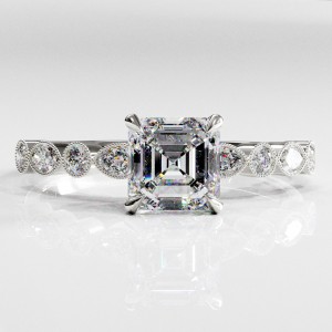 Asscher Cut Moissanite Hidden Halo Side Stone Engagement Ring