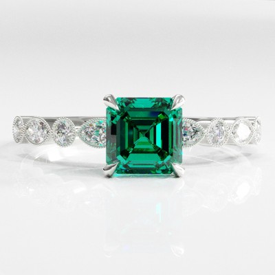 Asscher Cut Lab Grown Emerald Hidden Halo Side Stone Engagement Ring