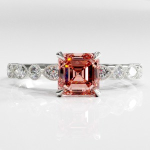 Asscher Cut Lab Grown Morganite Hidden Halo Side Stone Engagement Ring