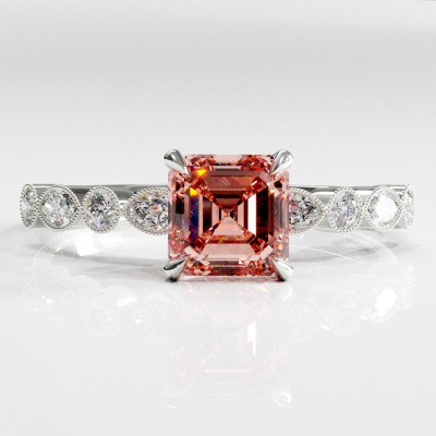 Asscher Cut Lab Grown Morganite Hidden Halo Side Stone Engagement Ring