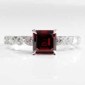 Asscher Cut Lab Grown Ruby Hidden Halo Side Stone Engagement Ring