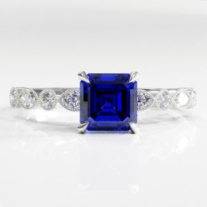 Asscher Cut Lab Grown Sapphire Hidden Halo Side Stone Engagement Ring