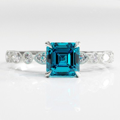 Asscher Cut Natural Topaz Hidden Halo Side Stone Engagement Ring