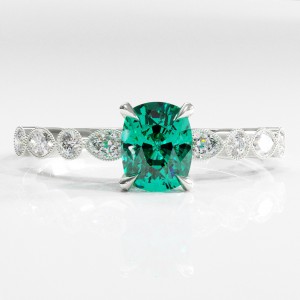 Elongated Cushion Cut Lab Grown Emerald Hidden Halo Side Stone Engagement Ring