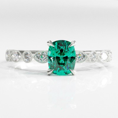 Elongated Cushion Cut Lab Grown Emerald Hidden Halo Side Stone Engagement Ring