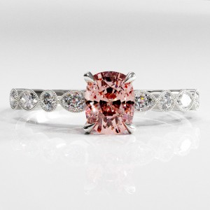 Elongated Cushion Cut Lab Grown Morganite Hidden Halo Side Stone Engagement Ring