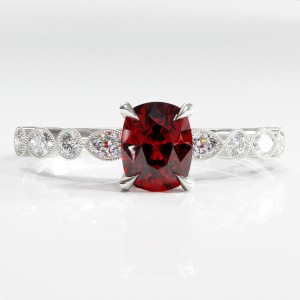 Elongated Cushion Cut Lab Grown Ruby Hidden Halo Side Stone Engagement Ring