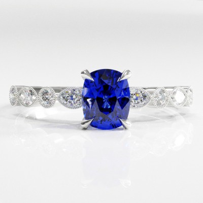 Elongated Cushion Cut Lab Grown Sapphire Hidden Halo Side Stone Engagement Ring