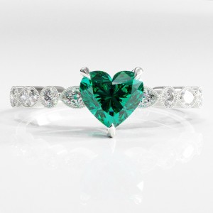 Heart Cut Lab Grown Emerald Hidden Halo Side Stone Engagement Ring