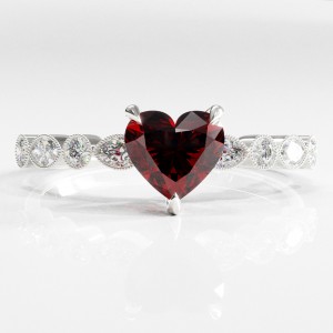 Heart Cut Lab Grown Ruby Hidden Halo Side Stone Engagement Ring