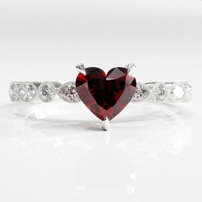 Heart Cut Lab Grown Ruby Hidden Halo Side Stone Engagement Ring