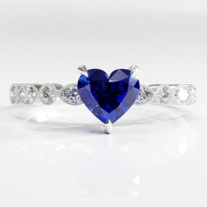 Heart Cut Lab Grown Sapphire Hidden Halo Side Stone Engagement Ring