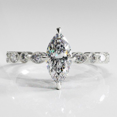 Marquise Cut Moissanite Hidden Halo Side Stone Engagement Ring