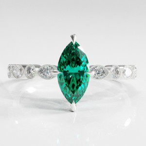 Marquise Cut Lab Grown Emerald Hidden Halo Side Stone Engagement Ring