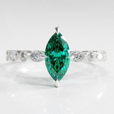 Marquise Cut Lab Grown Emerald Hidden Halo Side Stone Engagement Ring